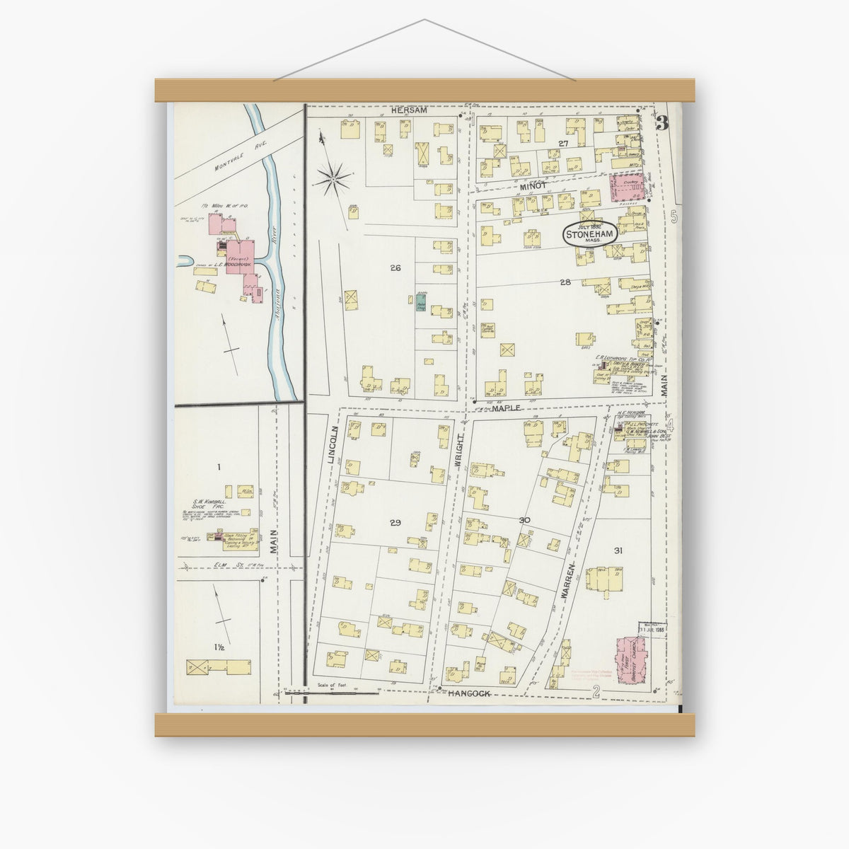 Old map wall art mockup — magnetic wood frame on white wall — Sanborn Fire Insurance Map from Stoneham, Middlesex County, Massachusetts (1892), Sheet #0003