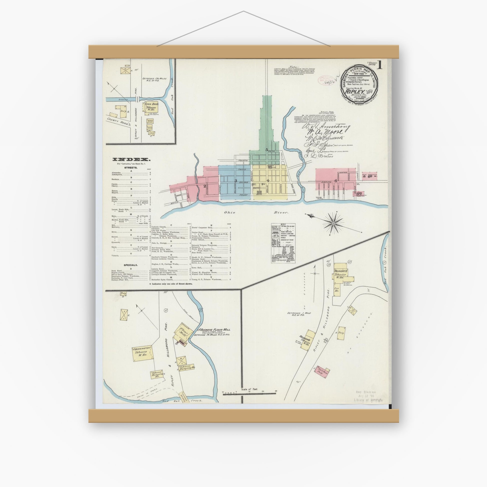Old map wall art mockup — magnetic wood frame on white wall — Sanborn Fire Insurance Map from Ripley, Brown County, Ohio (1890) - Complete Map Set