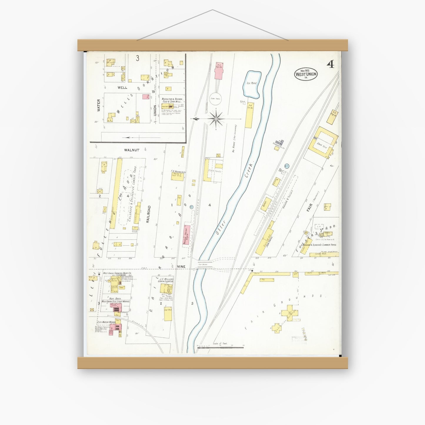 Old map wall art mockup — magnetic wood frame on white wall — Sanborn Fire Insurance Map from West Union, Fayette County, Iowa (1902), Sheet #0004