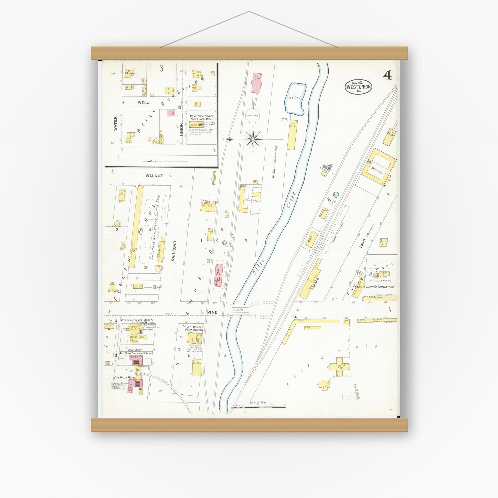 Old map wall art mockup — magnetic wood frame on white wall — Sanborn Fire Insurance Map from West Union, Fayette County, Iowa (1902), Sheet #0004