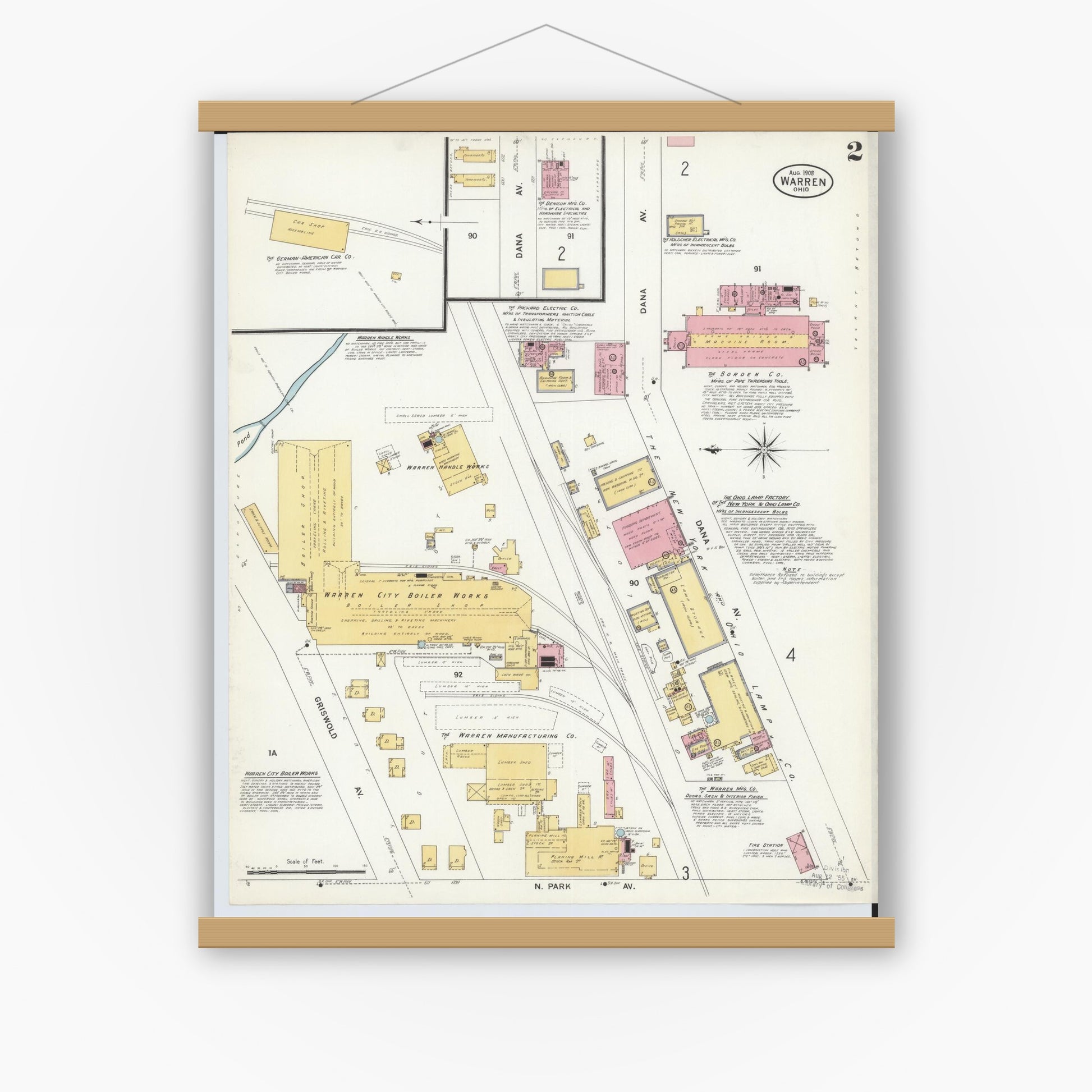 Old map wall art mockup — magnetic wood frame on white wall — Sanborn Fire Insurance Map from Warren, Trumbull County, Ohio (1908), Sheet #0002
