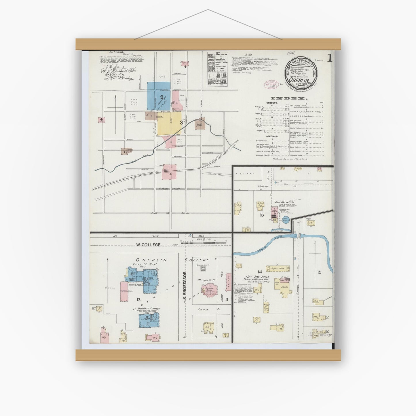 Old map wall art mockup — magnetic wood frame on white wall — Sanborn Fire Insurance Map from Oberlin, Lorain County, Ohio (1888) - Complete Map Set
