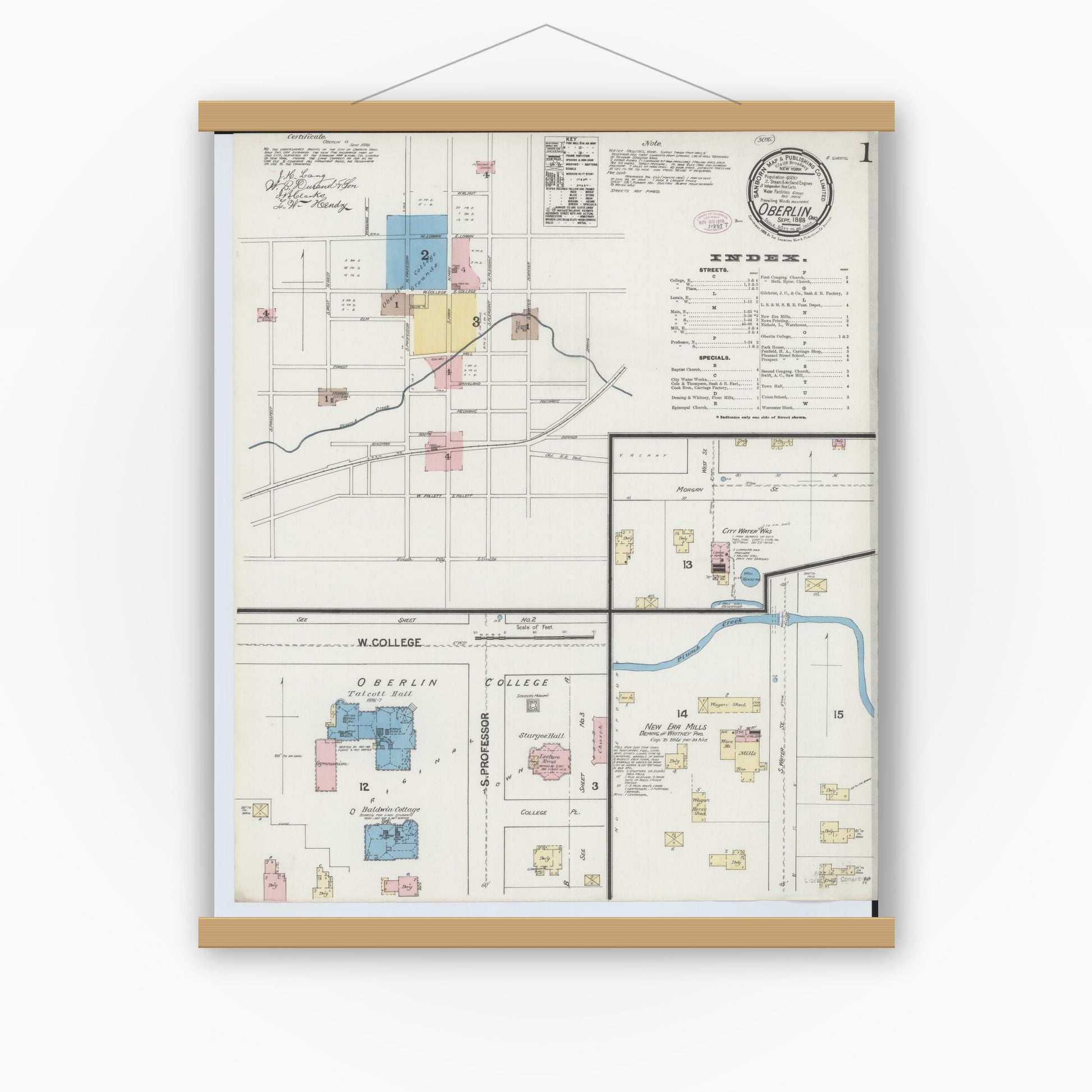 Old map wall art mockup — magnetic wood frame on white wall — Sanborn Fire Insurance Map from Oberlin, Lorain County, Ohio (1888) - Complete Map Set