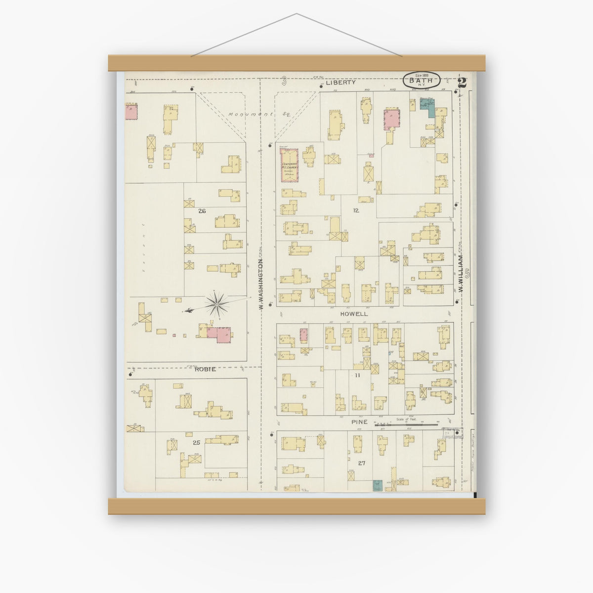 Old map wall art mockup — magnetic wood frame on white wall — Sanborn Fire Insurance Map from Bath, Steuben County, New York (1893) - Complete Map Set
