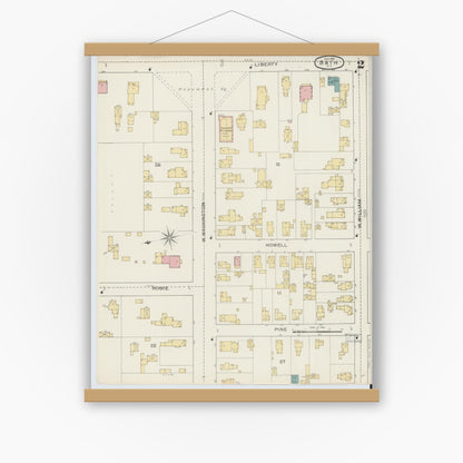 Old map wall art mockup — magnetic wood frame on white wall — Sanborn Fire Insurance Map from Bath, Steuben County, New York (1893) - Complete Map Set