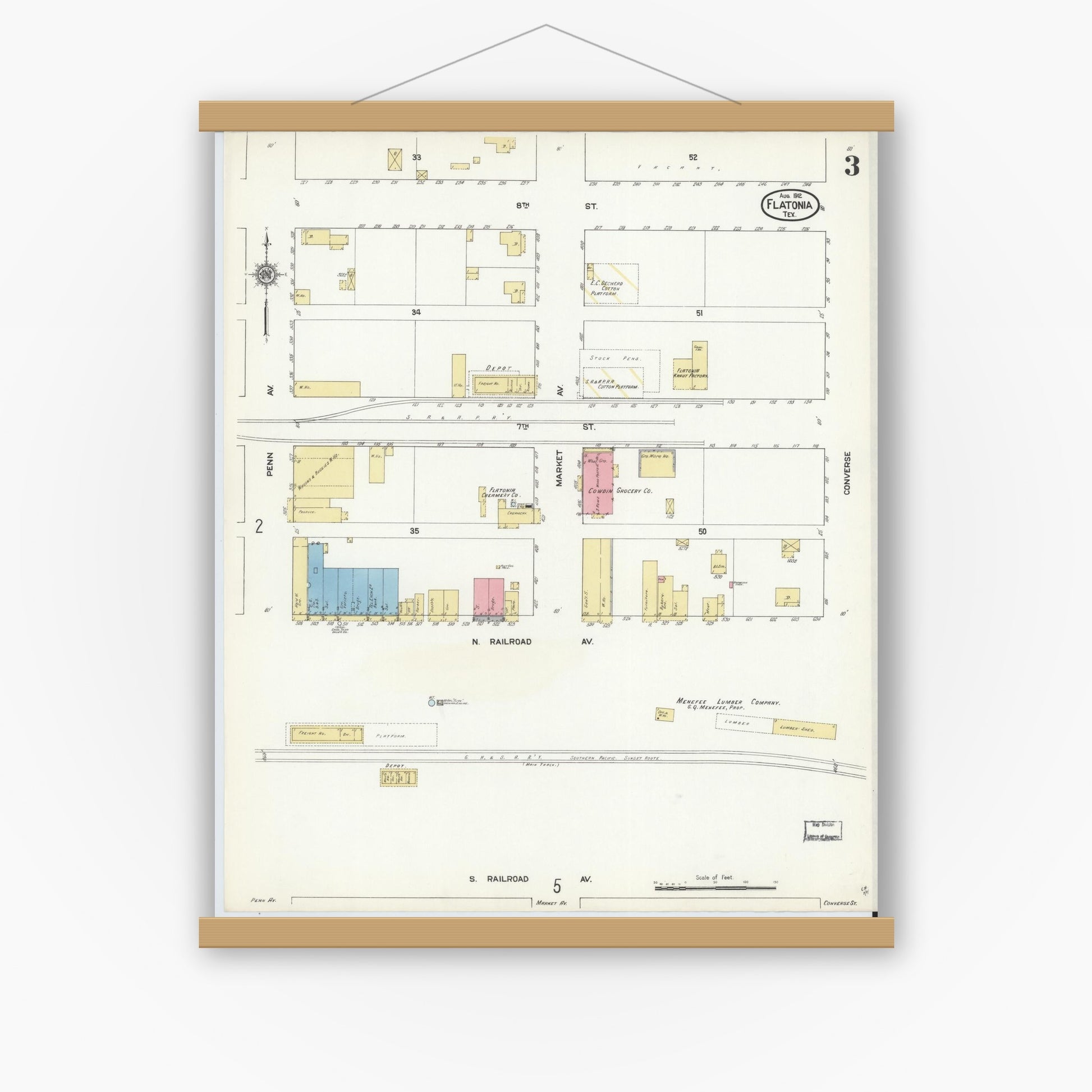 Old map wall art mockup — magnetic wood frame on white wall — Sanborn Fire Insurance Map from Flatonia, Fayette County, Texas (1912), Sheet #0003