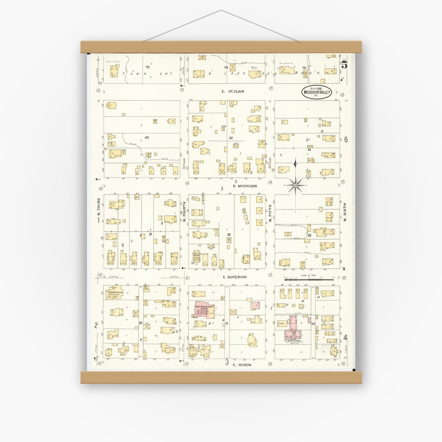 Old map wall art mockup — magnetic wood frame on white wall — Sanborn Fire Insurance Map from Missouri Valley, Harrison County, Iowa (1908), Sheet #0005