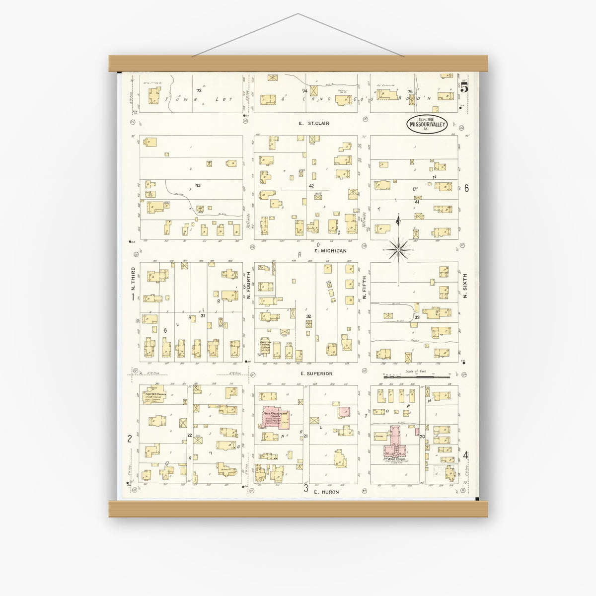 Old map wall art mockup — magnetic wood frame on white wall — Sanborn Fire Insurance Map from Missouri Valley, Harrison County, Iowa (1908), Sheet #0005