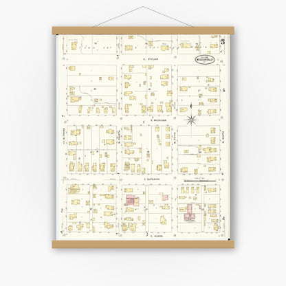 Old map wall art mockup — magnetic wood frame on white wall — Sanborn Fire Insurance Map from Missouri Valley, Harrison County, Iowa (1908), Sheet #0005