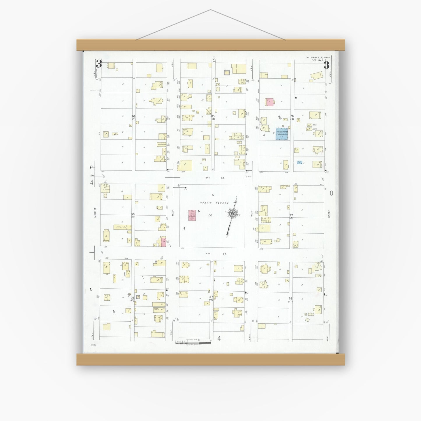 Old map wall art mockup — magnetic wood frame on white wall — Sanborn Fire Insurance Map from Taylorsville, Muskingum County, Ohio (1946), Sheet #0003