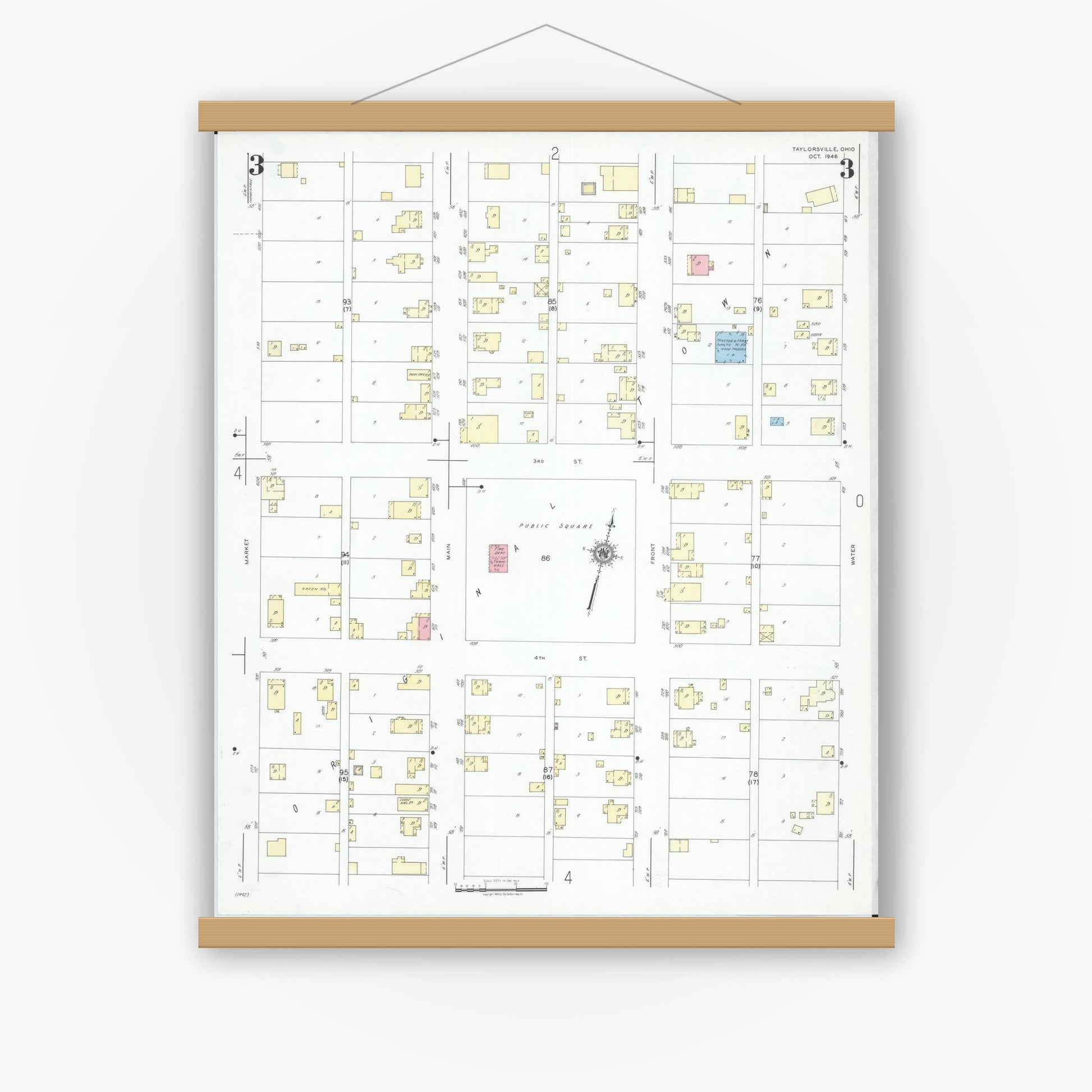 Old map wall art mockup — magnetic wood frame on white wall — Sanborn Fire Insurance Map from Taylorsville, Muskingum County, Ohio (1946), Sheet #0003