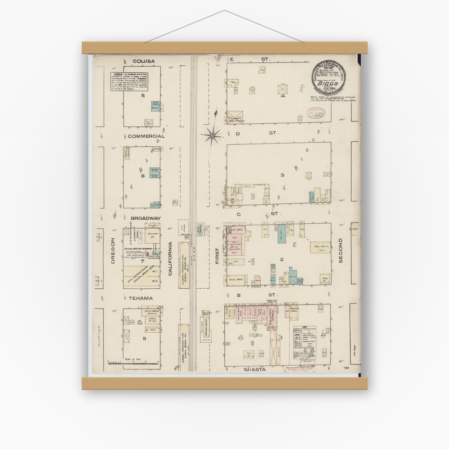 Old map wall art mockup — magnetic wood frame on white wall — Sanborn Fire Insurance Map from Biggs, Butte County, California (1884), Sheet #0001