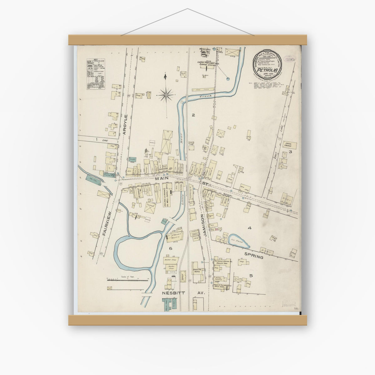 Old map wall art mockup — magnetic wood frame on white wall — Sanborn Fire Insurance Map from Petrola, Butler County, Pennsylvania (1886), Sheet #0001
