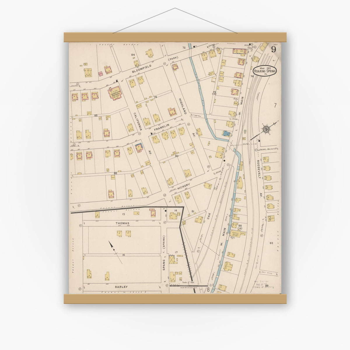 Old map wall art mockup — magnetic wood frame on white wall — Sanborn Fire Insurance Map from Roaring Spring, Blair County, Pennsylvania (1922), Sheet #0009