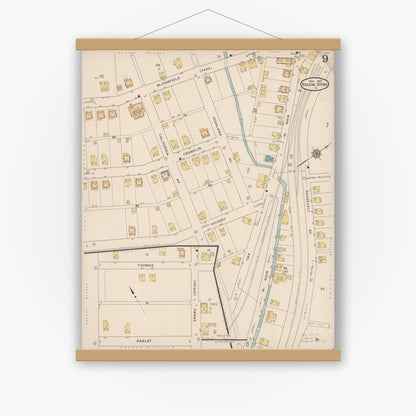 Old map wall art mockup — magnetic wood frame on white wall — Sanborn Fire Insurance Map from Roaring Spring, Blair County, Pennsylvania (1922), Sheet #0009