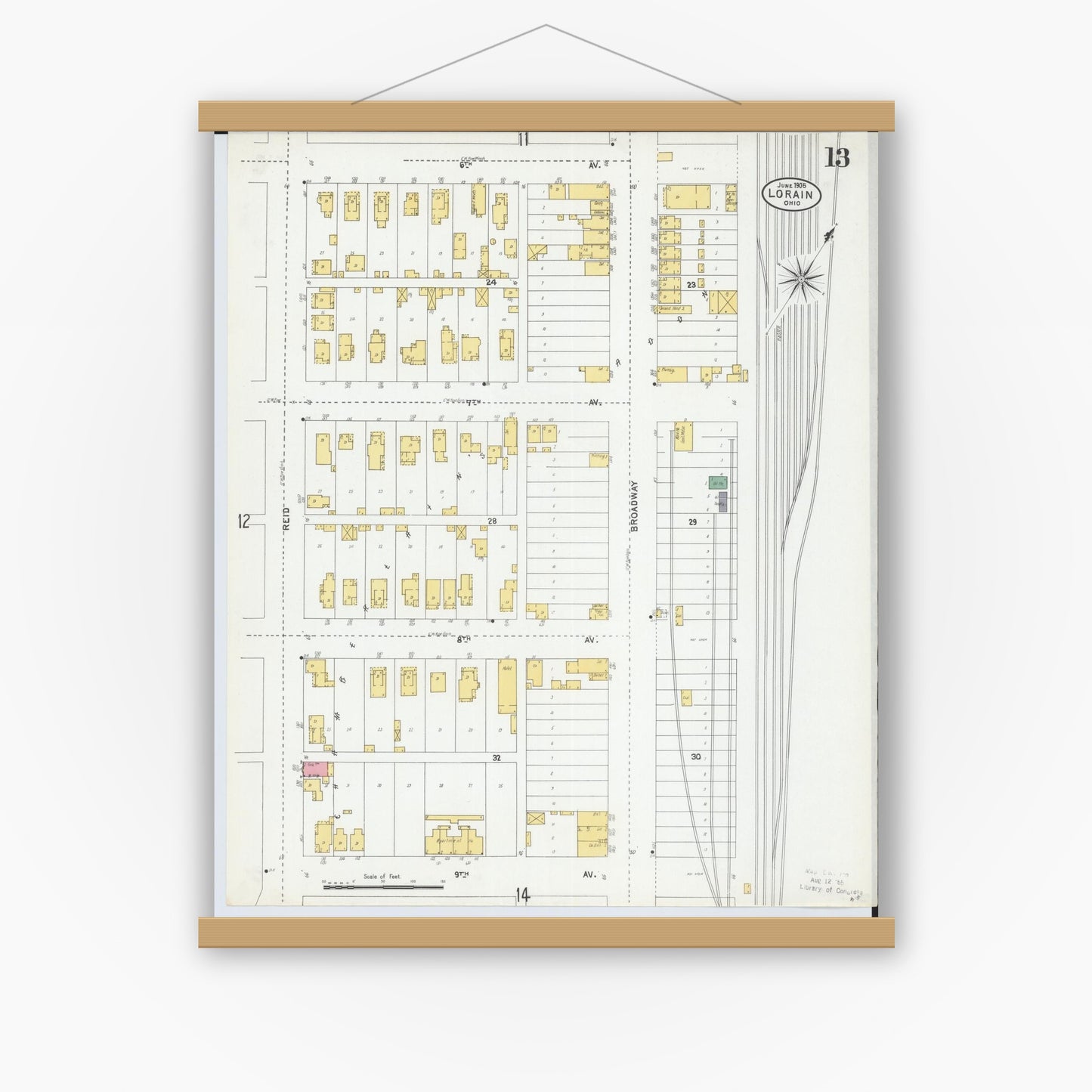 Old map wall art mockup — magnetic wood frame on white wall — Sanborn Fire Insurance Map from Lorain, Lorain County, Ohio (1905), Sheet #0013