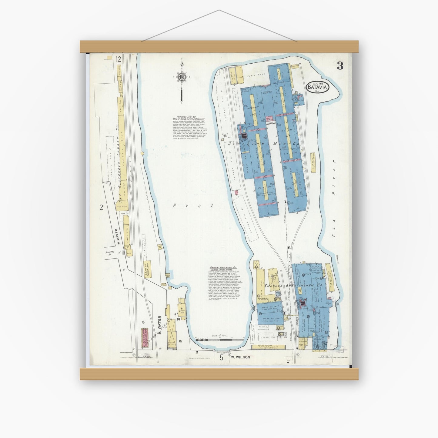 Old map wall art mockup — magnetic wood frame on white wall — Sanborn Fire Insurance Map from Batavia, Kane County, Illinois (1916), Sheet #0003