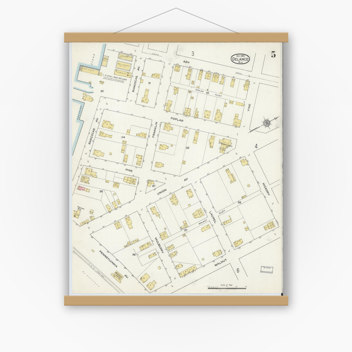 Old map wall art mockup — magnetic wood frame on white wall — Sanborn Fire Insurance Map from Delanco, Burlington County, New Jersey (1915), Sheet #0005