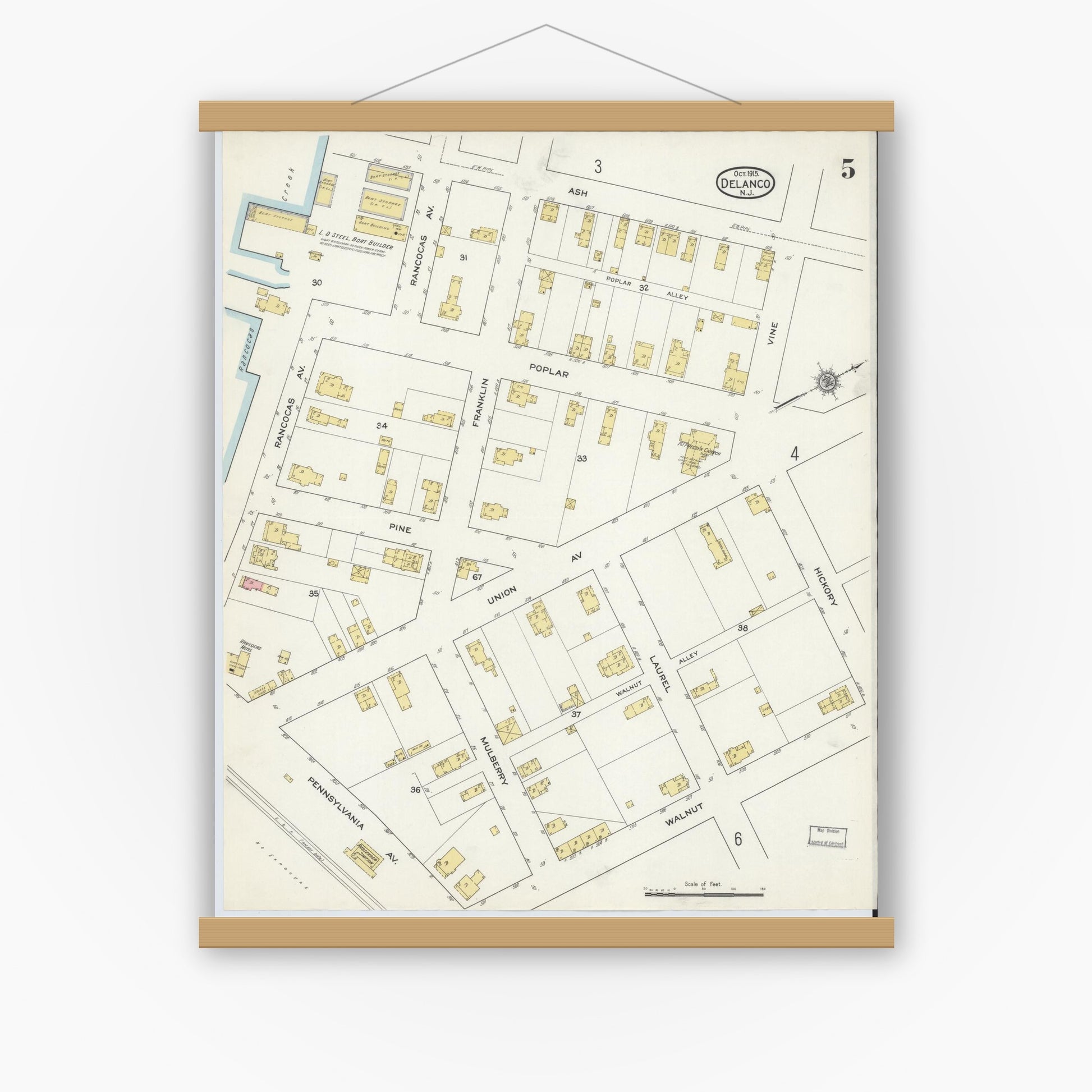 Old map wall art mockup — magnetic wood frame on white wall — Sanborn Fire Insurance Map from Delanco, Burlington County, New Jersey (1915), Sheet #0005