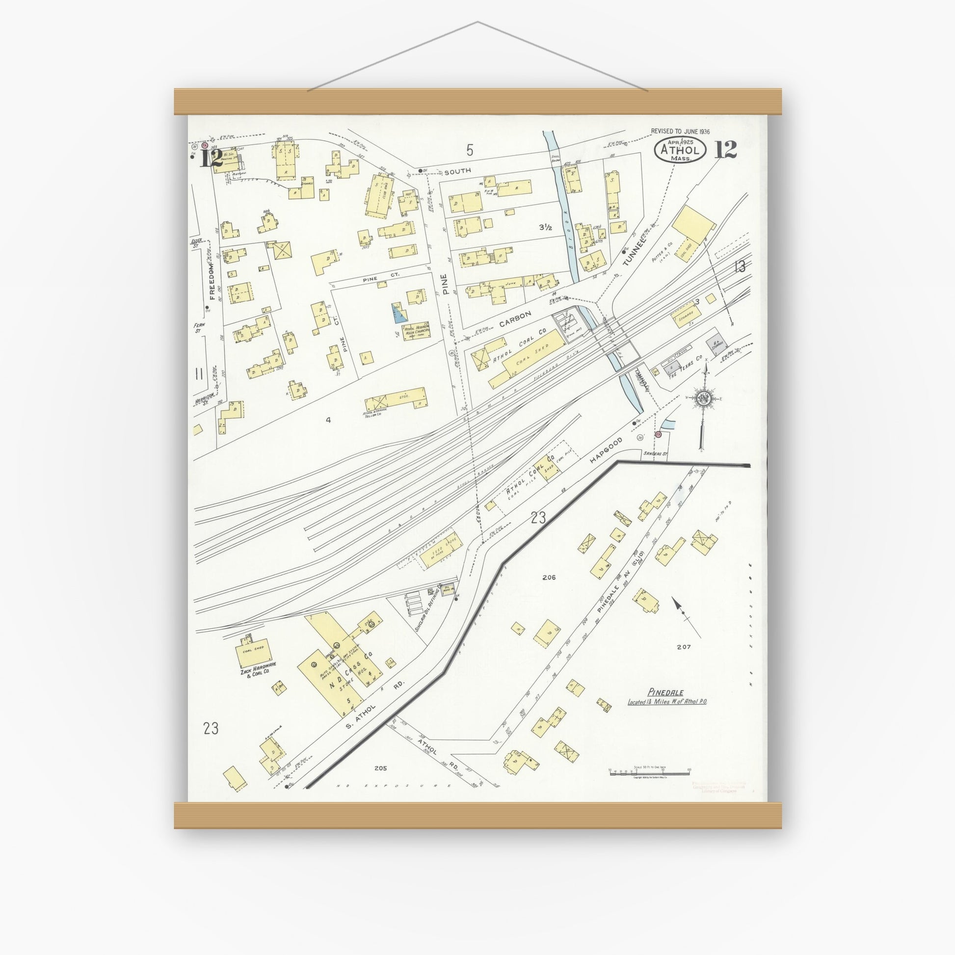 Old map wall art mockup — magnetic wood frame on white wall — Sanborn Fire Insurance Map from Athol, Worcester County, Massachusetts (1936), Sheet #0012