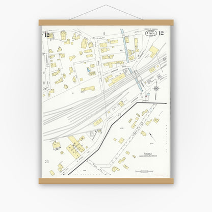 Old map wall art mockup — magnetic wood frame on white wall — Sanborn Fire Insurance Map from Athol, Worcester County, Massachusetts (1936), Sheet #0012