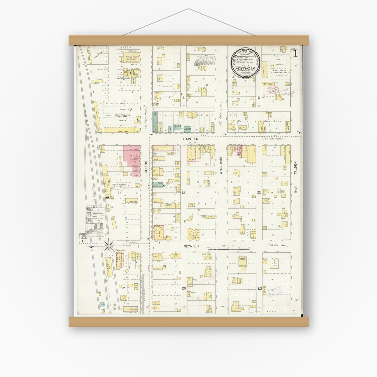 Old map wall art mockup — magnetic wood frame on white wall — Sanborn Fire Insurance Map from Postville, Allamakee County, Iowa (1895) â€” Complete Set
