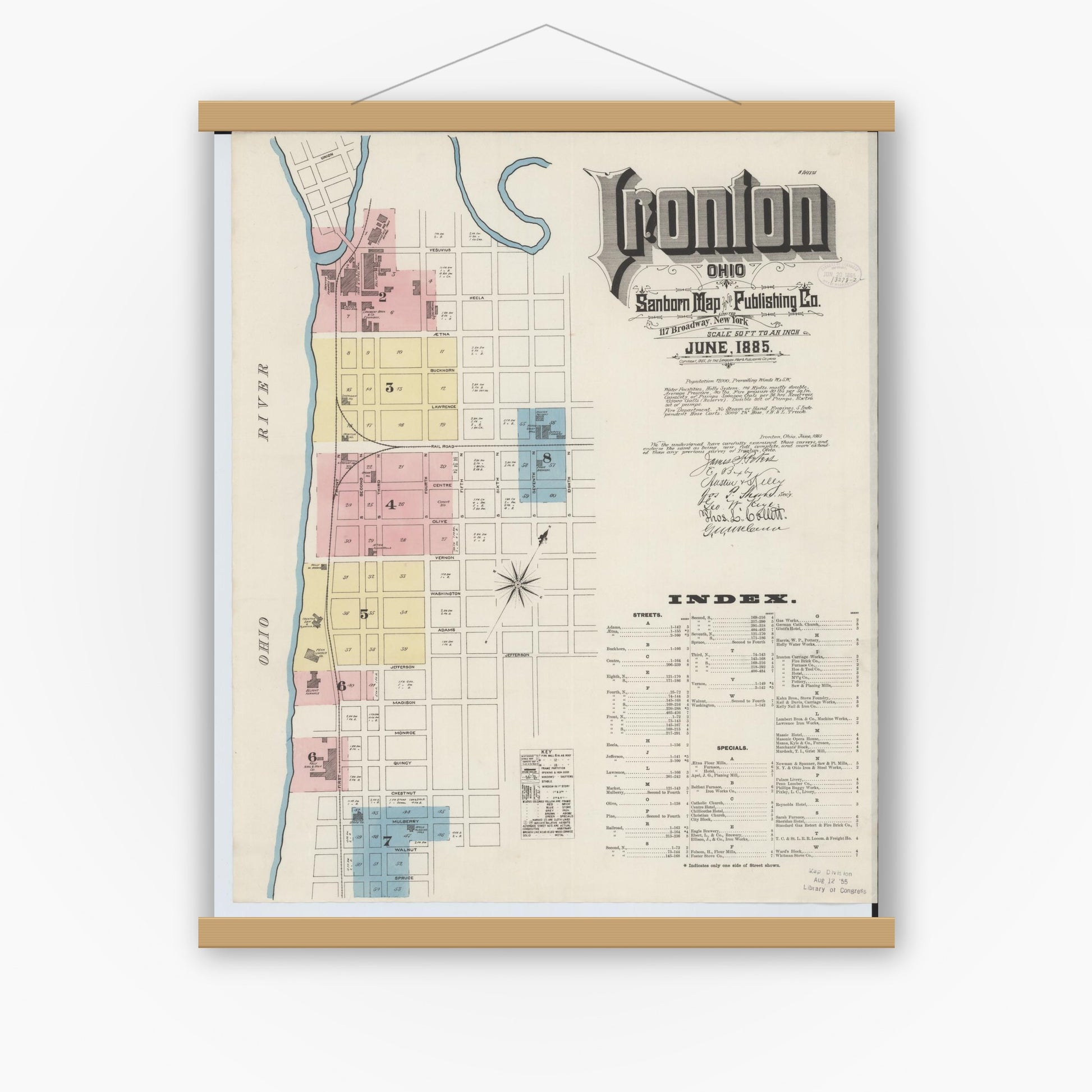 Old map wall art mockup — magnetic wood frame on white wall — Sanborn Fire Insurance Map from Ironton, Lawrence County, Ohio (1885) - Complete Map Set