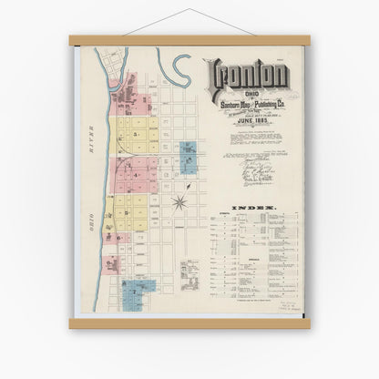 Old map wall art mockup — magnetic wood frame on white wall — Sanborn Fire Insurance Map from Ironton, Lawrence County, Ohio (1885) - Complete Map Set