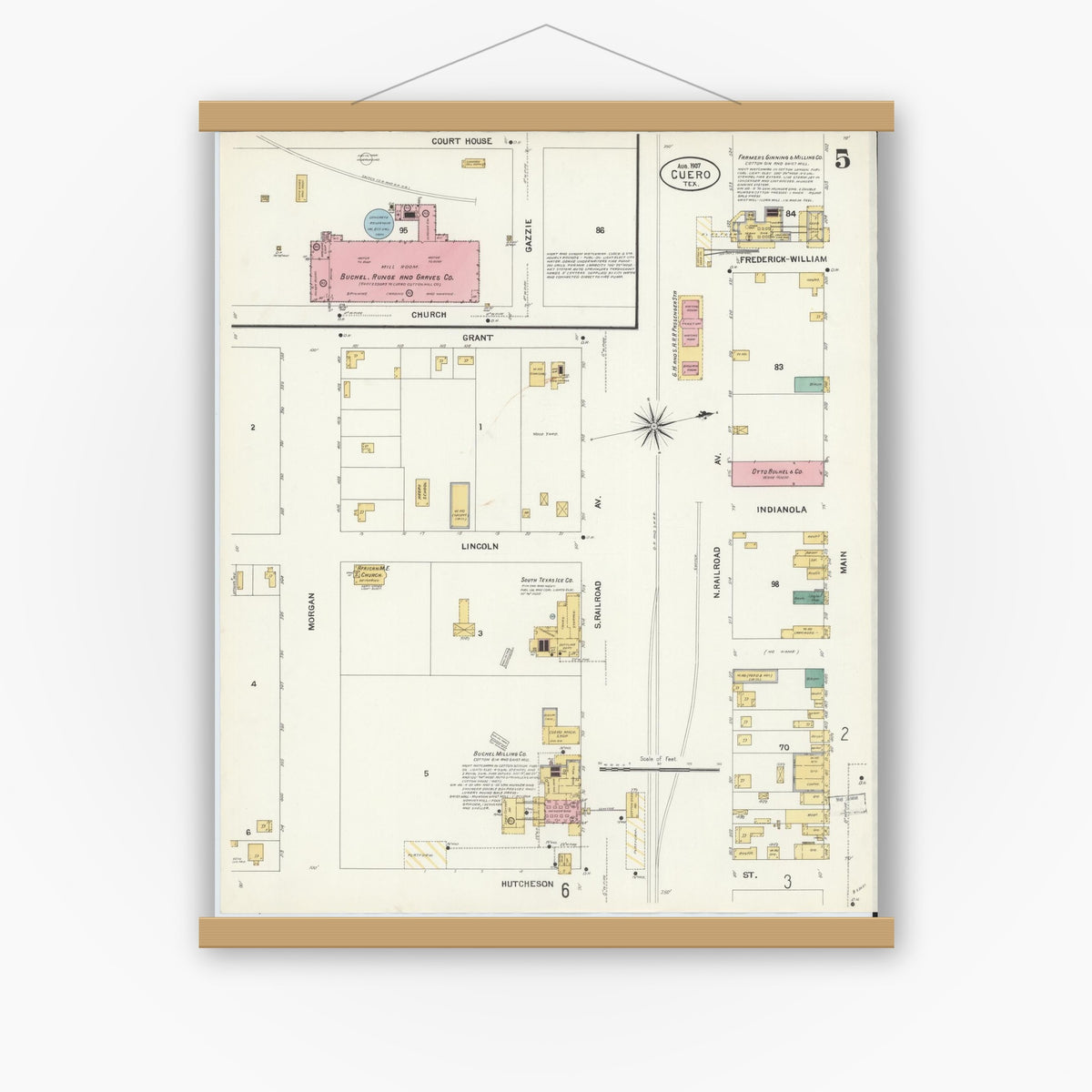 Old map wall art mockup — magnetic wood frame on white wall — Sanborn Fire Insurance Map from Cuero, De Witt County, Texas (1907), Sheet #0005
