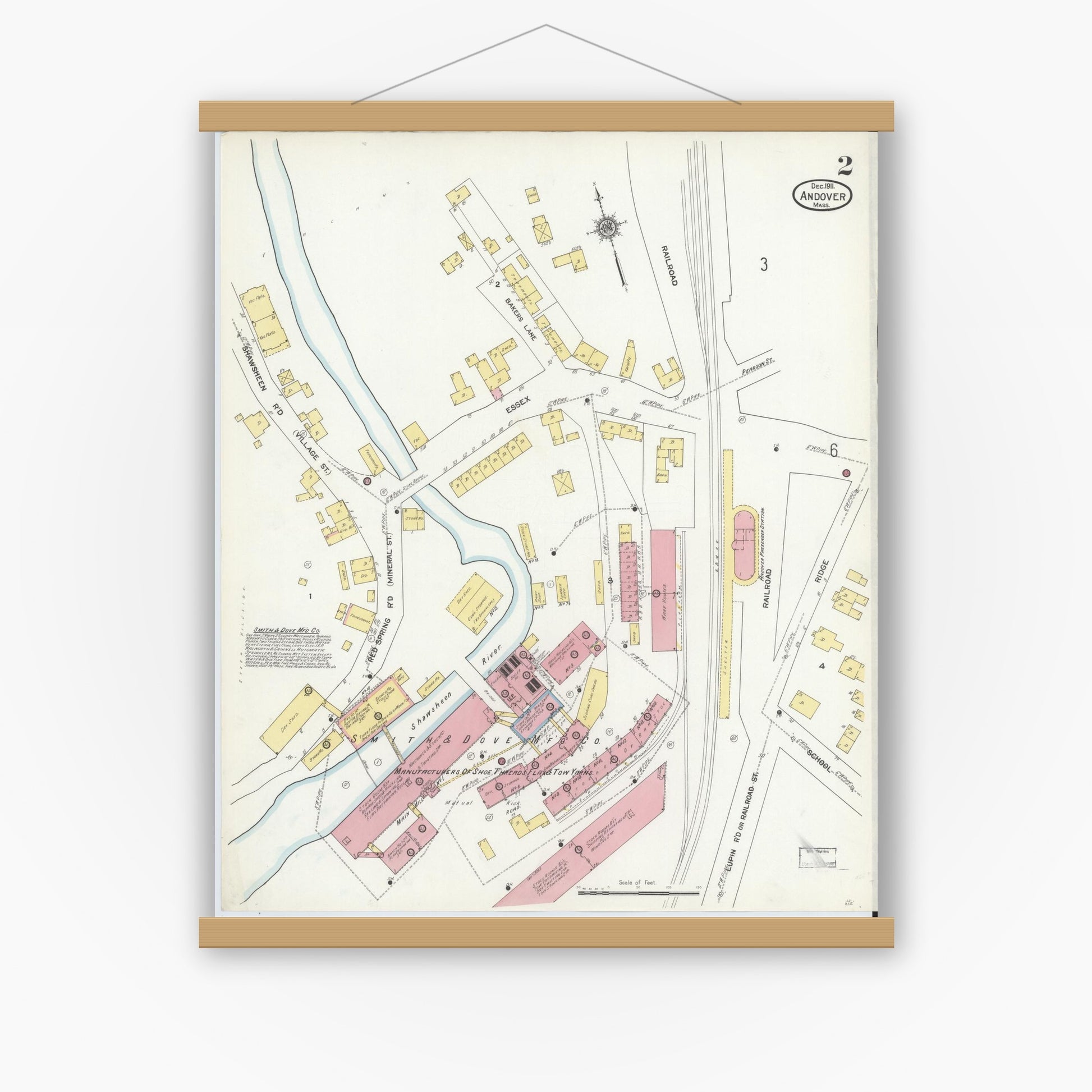Old map wall art mockup — magnetic wood frame on white wall — Sanborn Fire Insurance Map from Andover, Essex County, Massachusetts (1911), Sheet #0002
