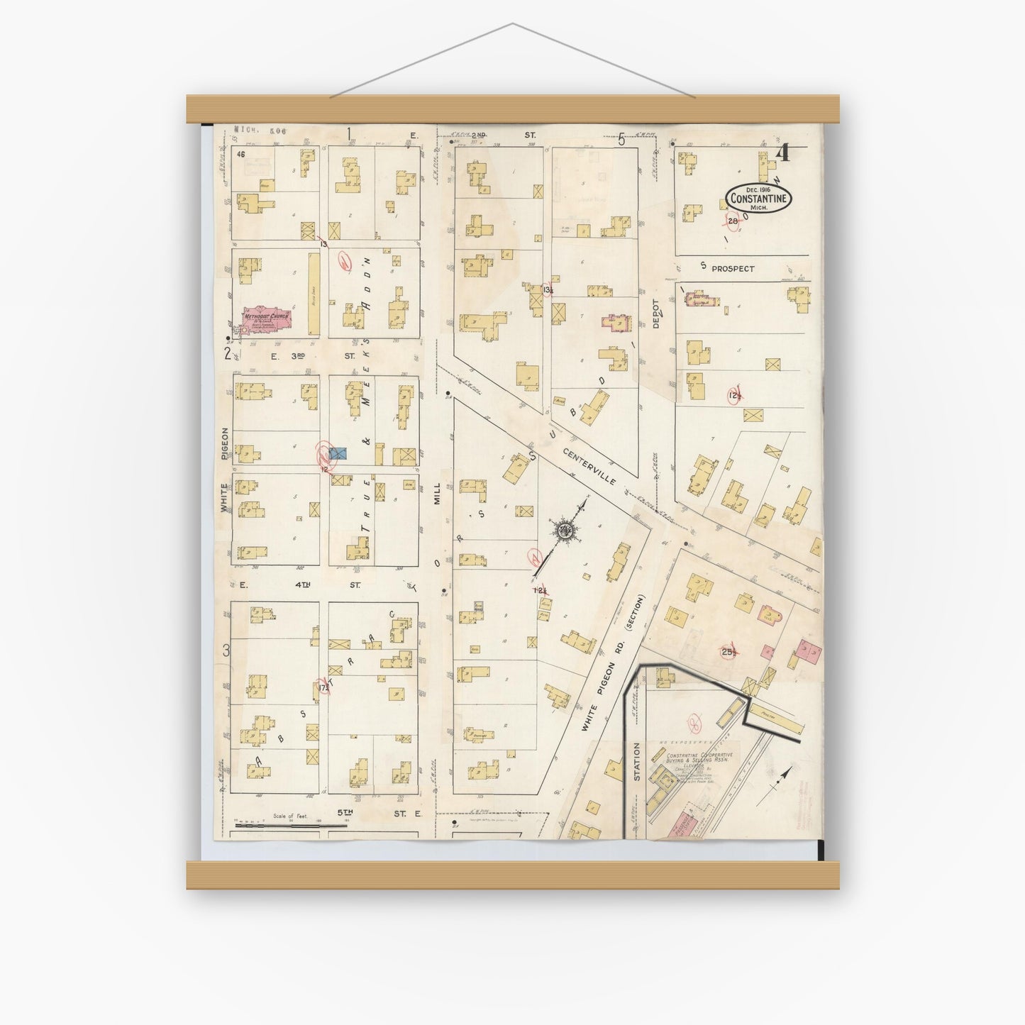 Old map wall art mockup — magnetic wood frame on white wall — Sanborn Fire Insurance Map from Constantine, Saint Joseph County, Michigan (1932), Sheet #0004