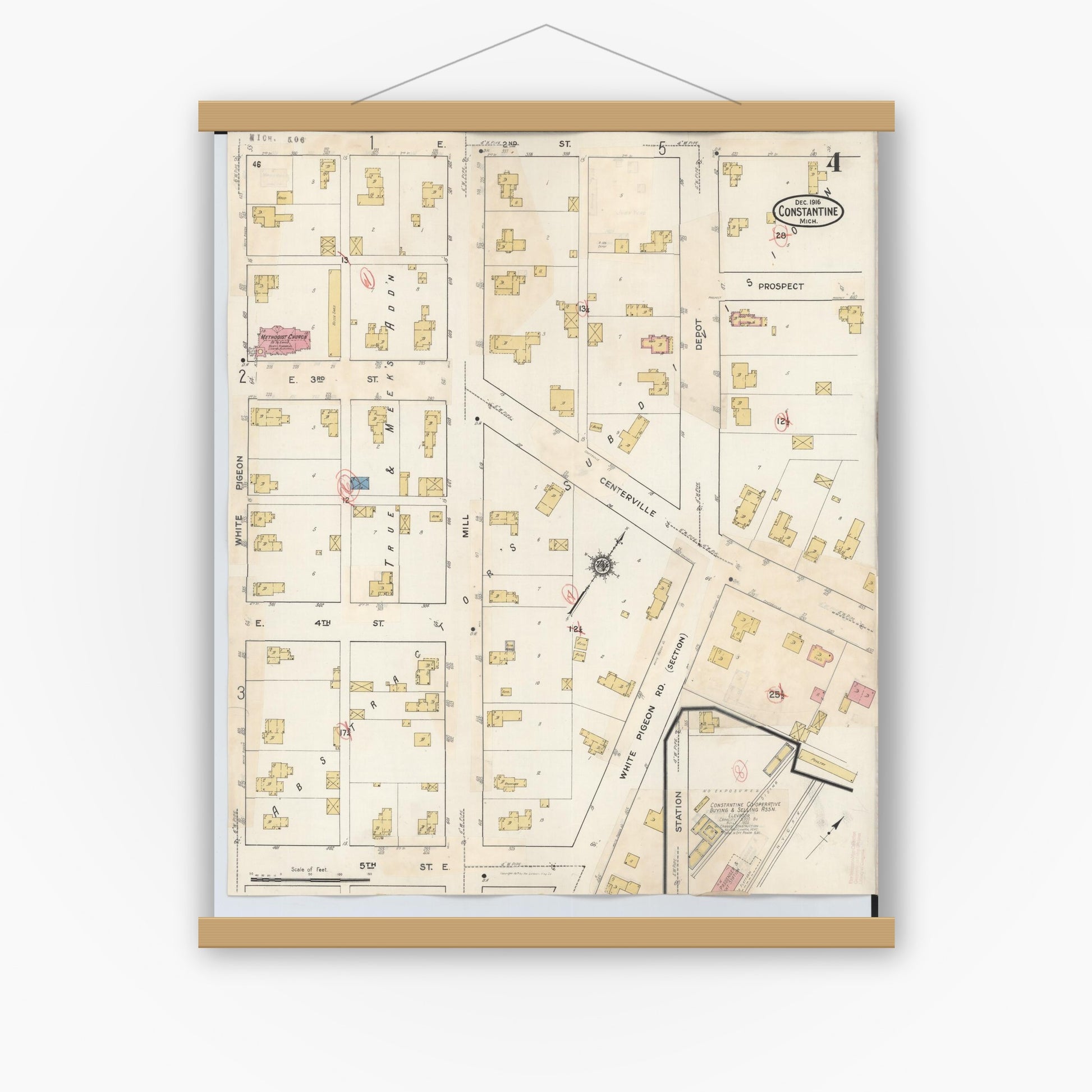 Old map wall art mockup — magnetic wood frame on white wall — Sanborn Fire Insurance Map from Constantine, Saint Joseph County, Michigan (1932), Sheet #0004