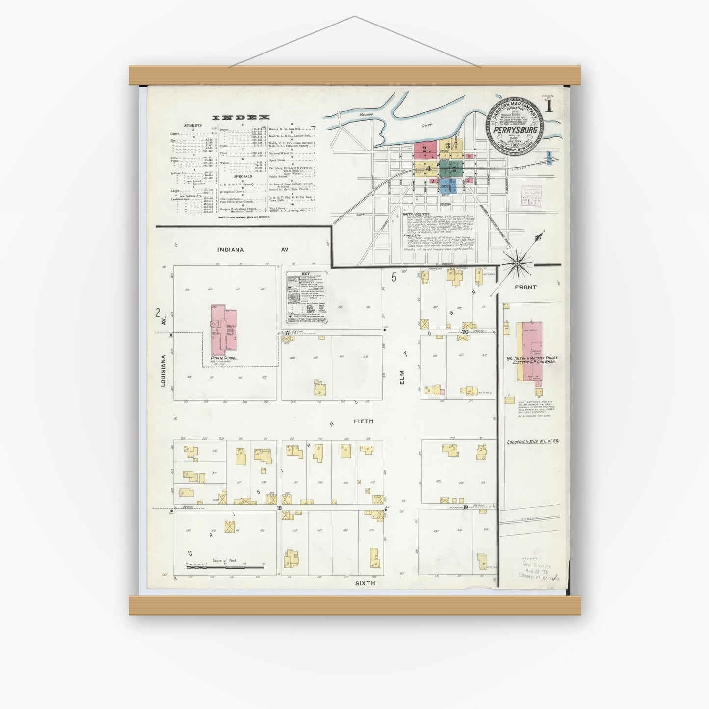 Old map wall art mockup — magnetic wood frame on white wall — Sanborn Fire Insurance Map from Perrysburg, Wood County, Ohio (1908), Sheet #0001