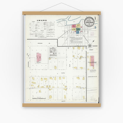 Old map wall art mockup — magnetic wood frame on white wall — Sanborn Fire Insurance Map from Perrysburg, Wood County, Ohio (1908), Sheet #0001