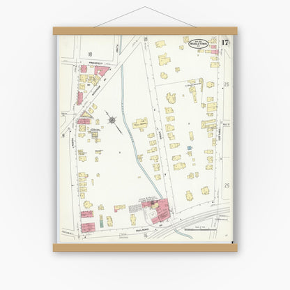 Old map wall art mockup — magnetic wood frame on white wall — Sanborn Fire Insurance Map from Middletown, Orange County, New York (1910), Sheet #0017