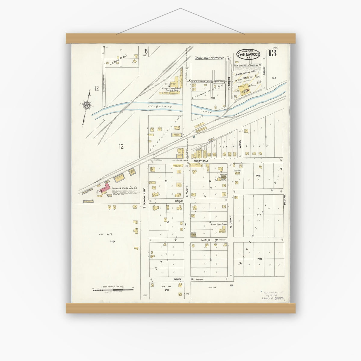 Old map wall art mockup — magnetic wood frame on white wall — Sanborn Fire Insurance Map from San Marcos, Hays County, Texas (1922), Sheet #0013