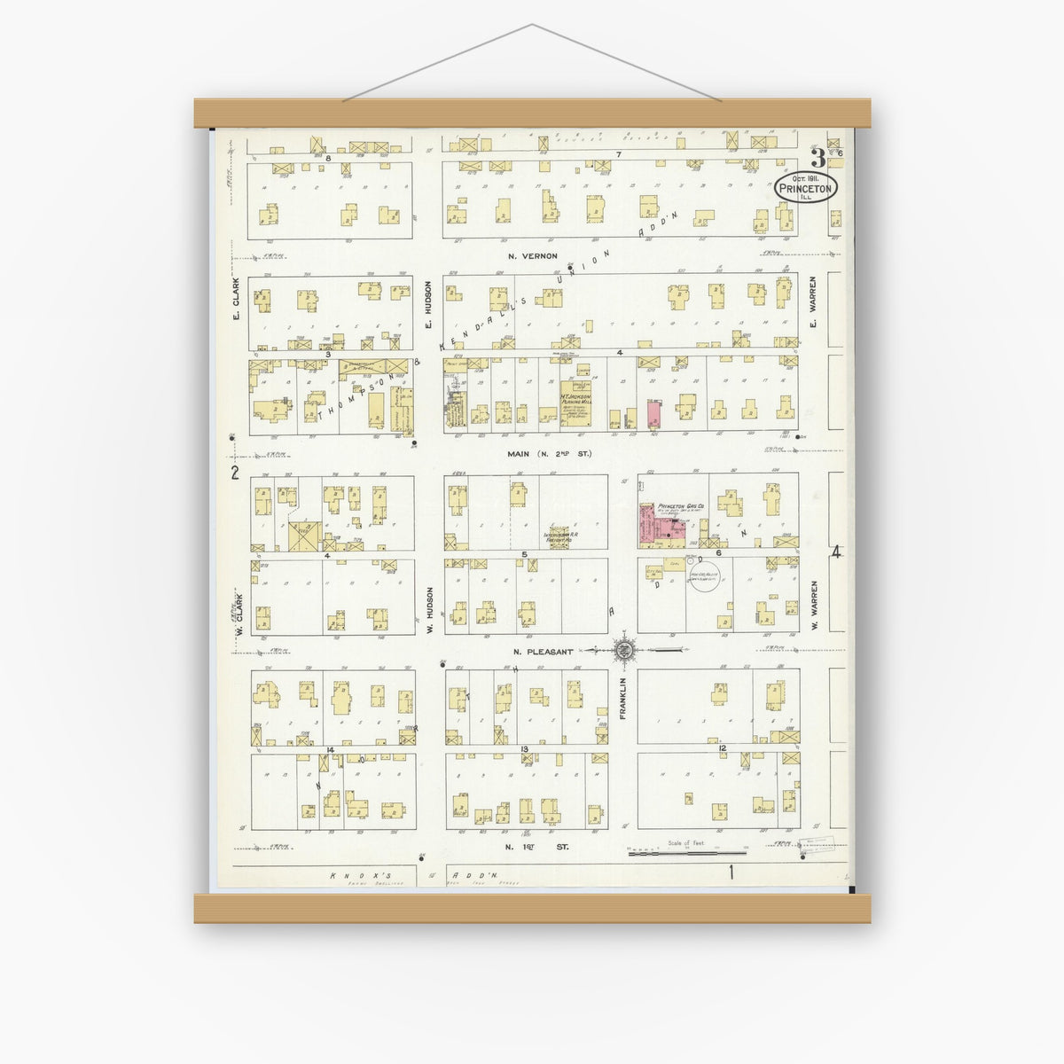 Old map wall art mockup — magnetic wood frame on white wall — Sanborn Fire Insurance Map from Princeton, Bureau County, Illinois (1911), Sheet #0003