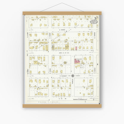 Old map wall art mockup — magnetic wood frame on white wall — Sanborn Fire Insurance Map from Princeton, Bureau County, Illinois (1911), Sheet #0003