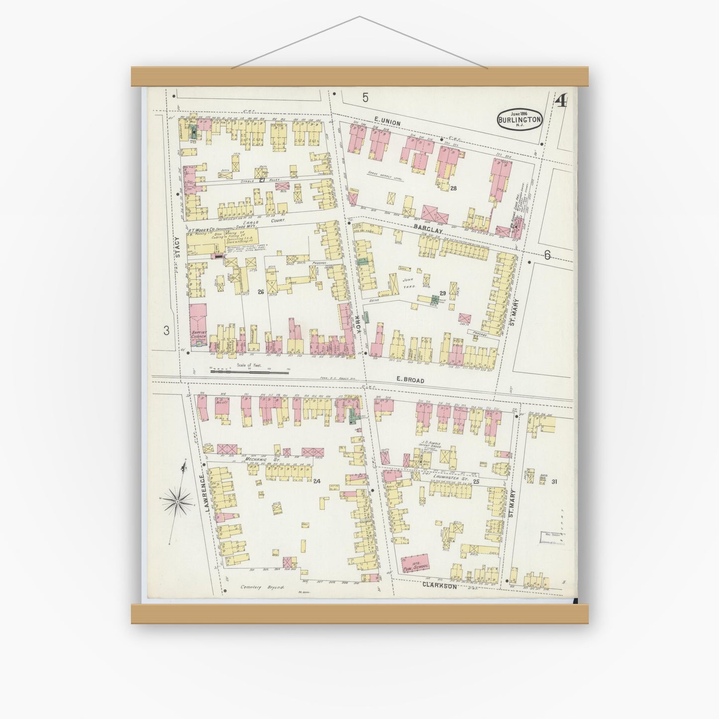 Old map wall art mockup — magnetic wood frame on white wall — Sanborn Fire Insurance Map from Burlington, Burlington County, New Jersey (1896), Sheet #0004