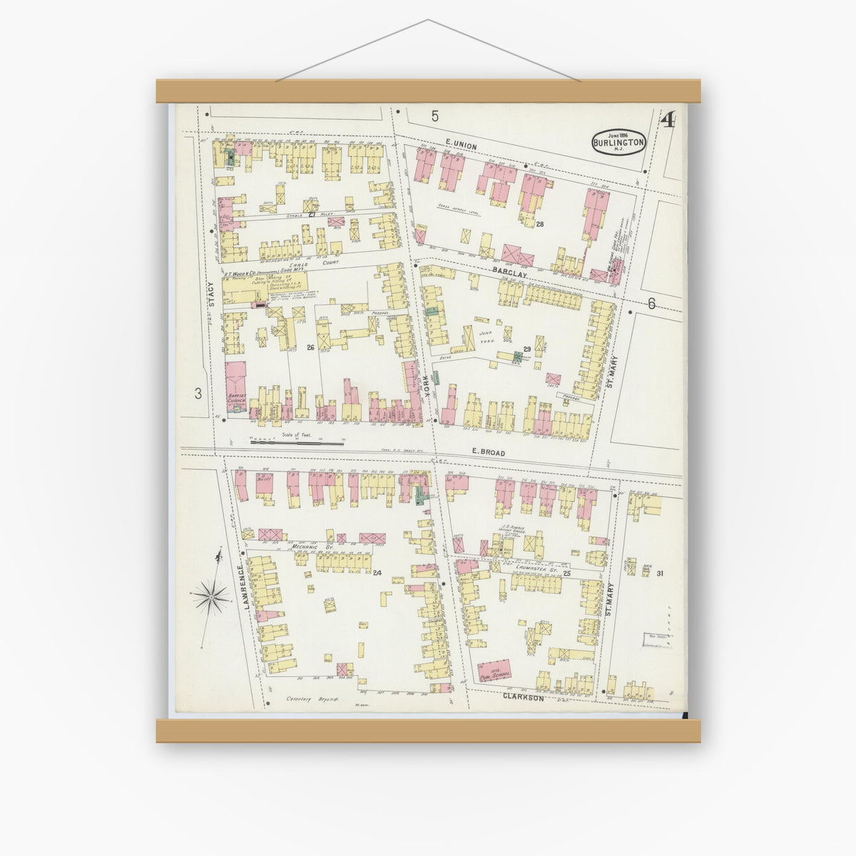 Old map wall art mockup — magnetic wood frame on white wall — Sanborn Fire Insurance Map from Burlington, Burlington County, New Jersey (1896), Sheet #0004