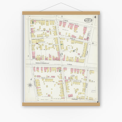 Old map wall art mockup — magnetic wood frame on white wall — Sanborn Fire Insurance Map from Burlington, Burlington County, New Jersey (1896), Sheet #0004
