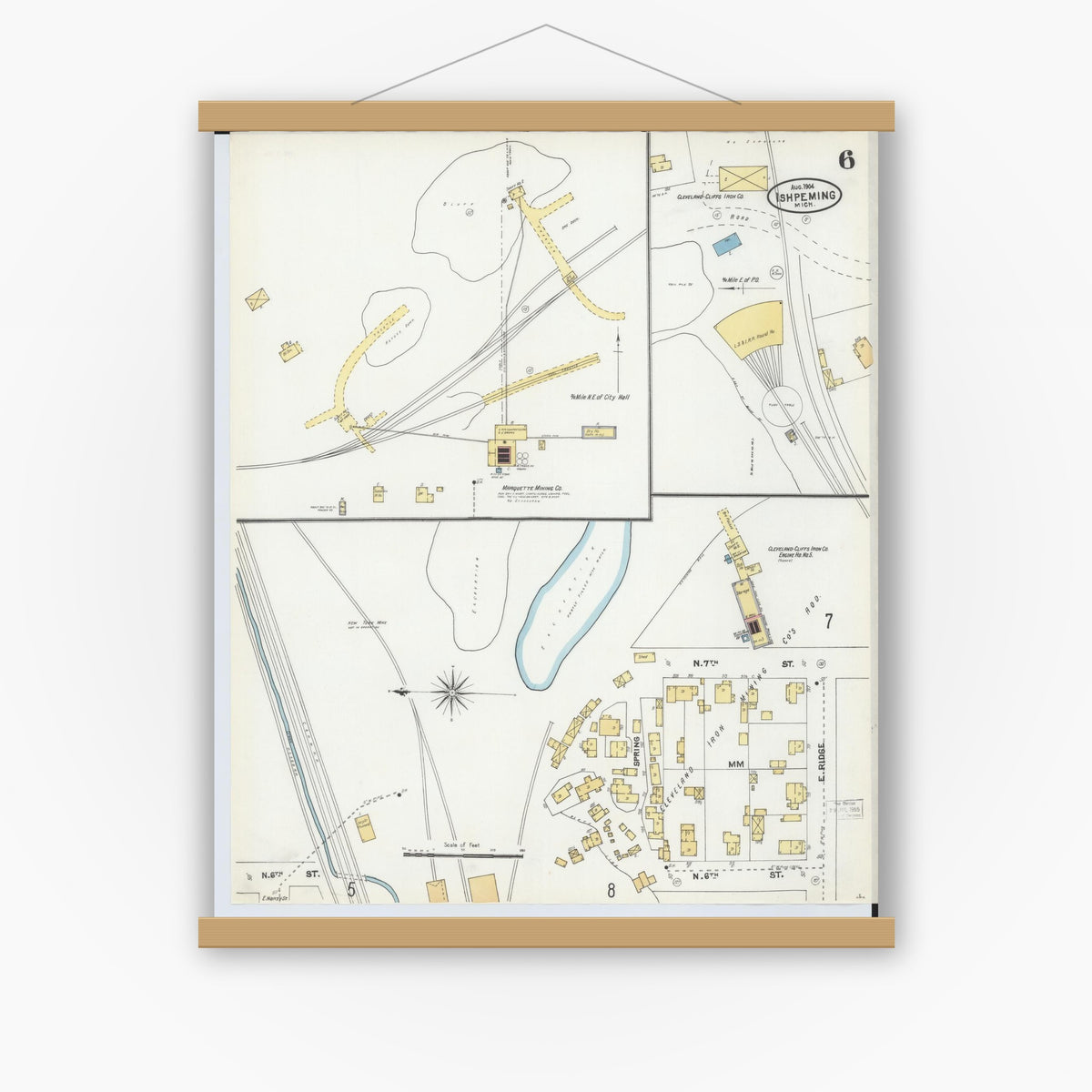 Old map wall art mockup — magnetic wood frame on white wall — Sanborn Fire Insurance Map from Ishpeming, Marquette County, Michigan (1904), Sheet #0006