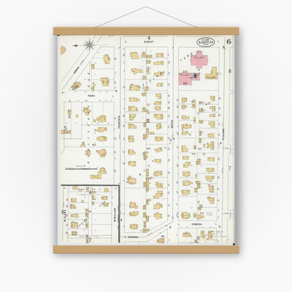 Old map wall art mockup — magnetic wood frame on white wall — Sanborn Fire Insurance Map from Albert Lea, Freeborn County, Minnesota (1899), Sheet #0006