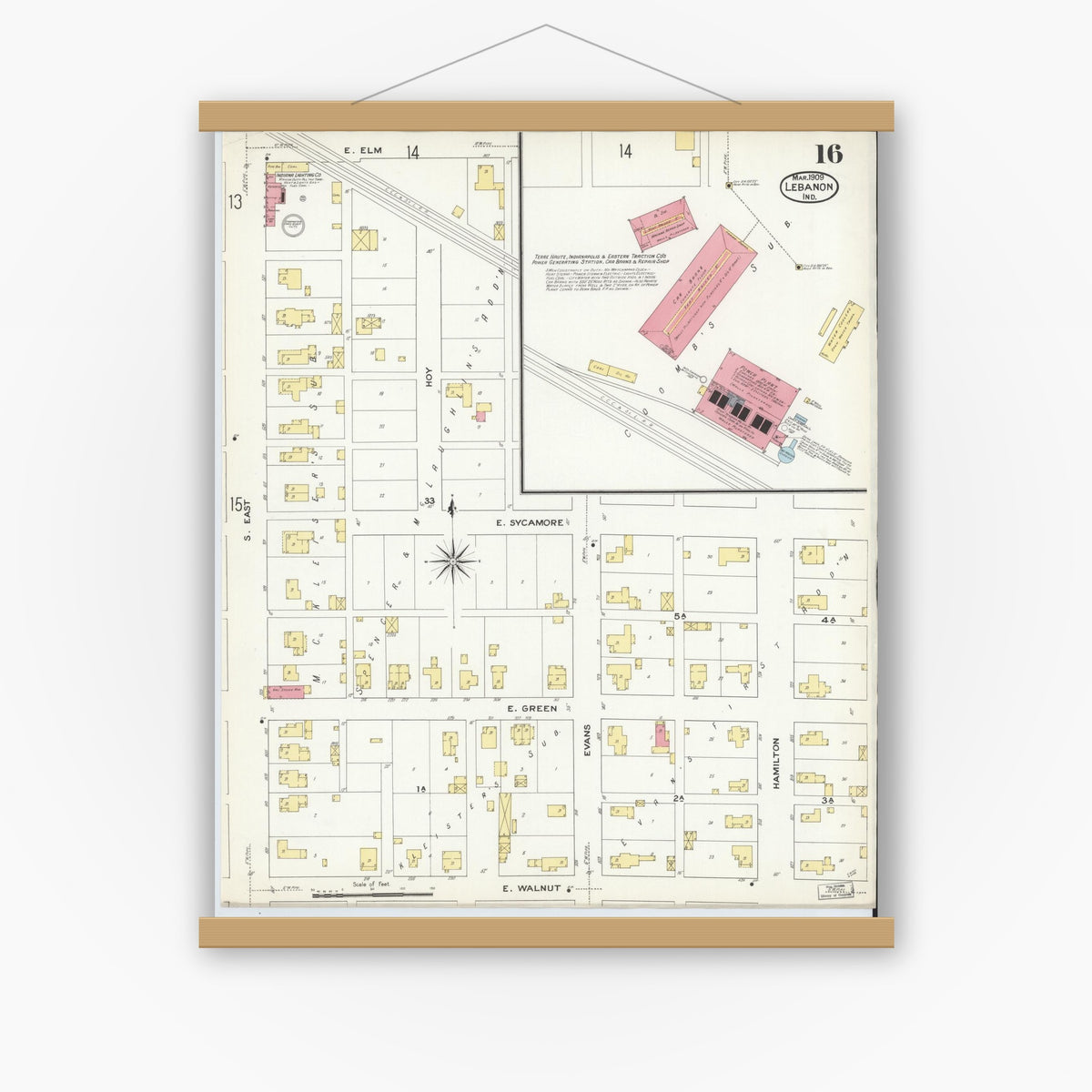 Old map wall art mockup — magnetic wood frame on white wall — Sanborn Fire Insurance Map from Lebanon, Boone County, Indiana (1909), Sheet #0016
