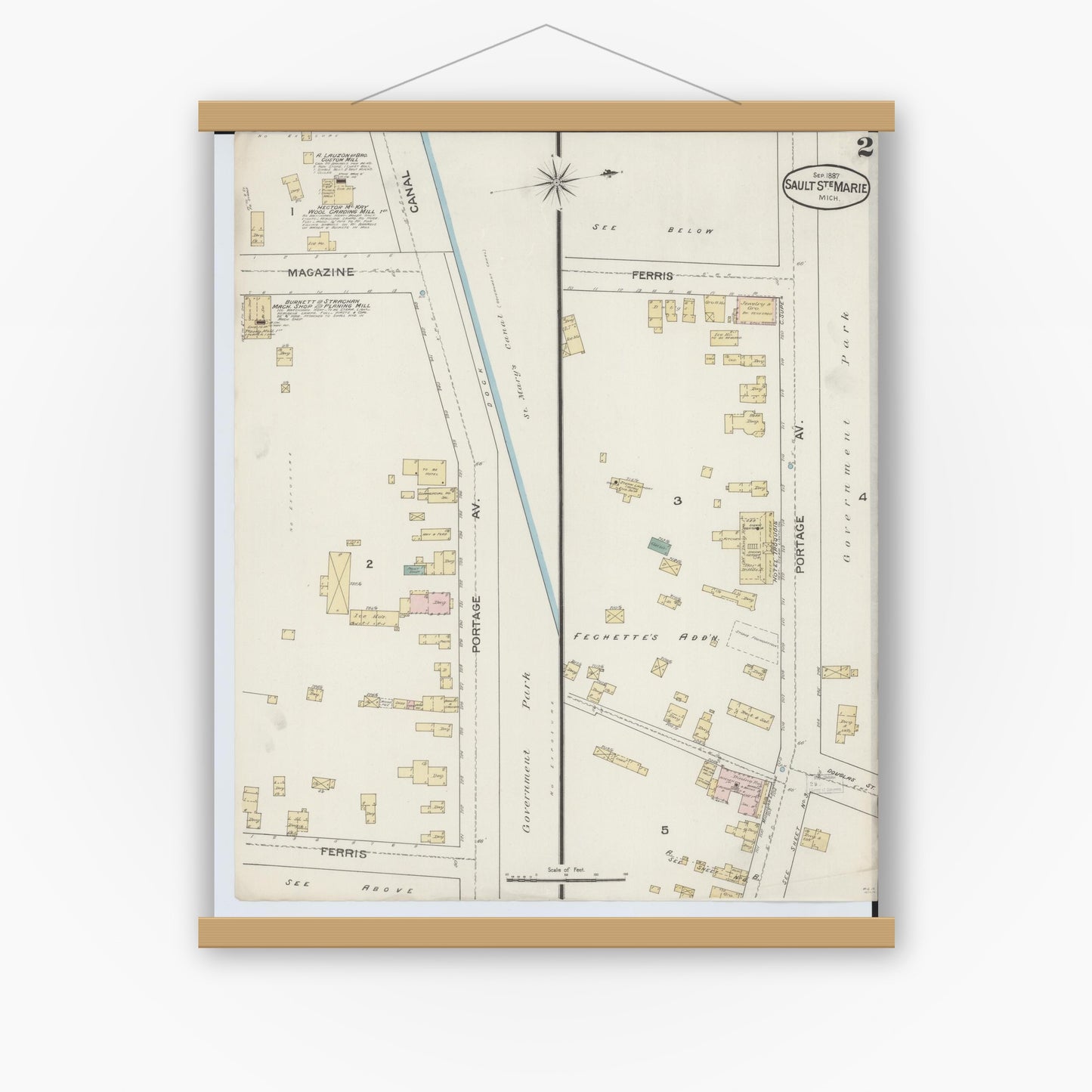 Old map wall art mockup — magnetic wood frame on white wall — Sanborn Fire Insurance Map from Sault Sainte Marie, Chippewa County, Michigan (1887), Sheet #0002