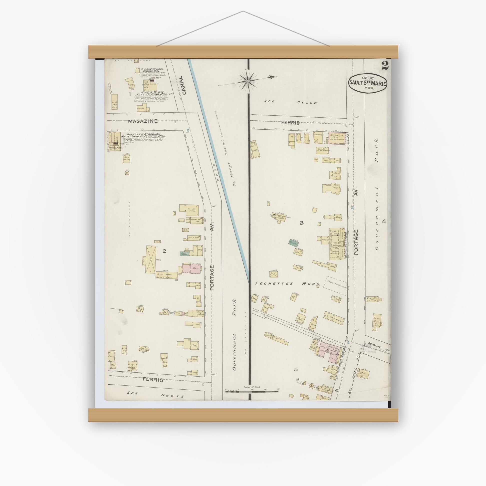 Old map wall art mockup — magnetic wood frame on white wall — Sanborn Fire Insurance Map from Sault Sainte Marie, Chippewa County, Michigan (1887), Sheet #0002
