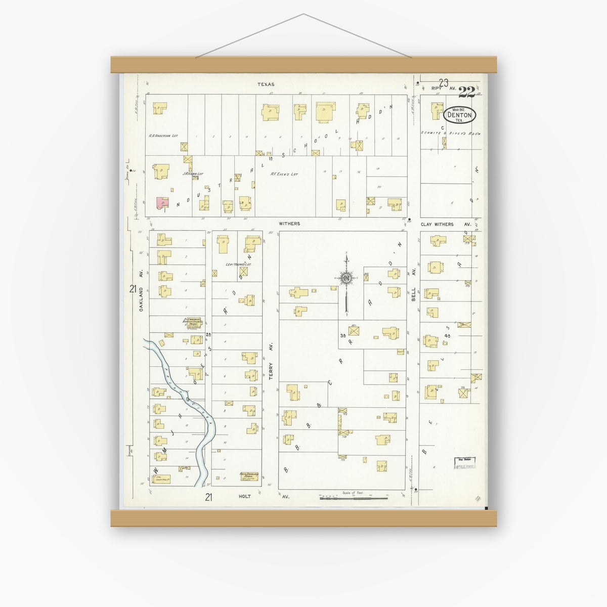 Old map wall art mockup — magnetic wood frame on white wall — Sanborn Fire Insurance Map from Denton, Denton County, Texas (1912), Sheet #0022