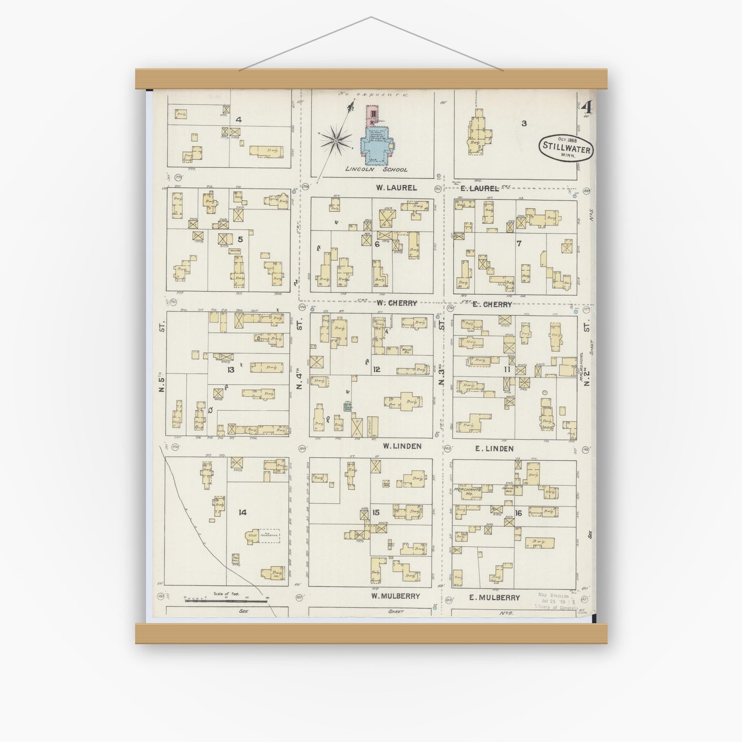 Old map wall art mockup — magnetic wood frame on white wall — Sanborn Fire Insurance Map from Stillwater, Washington County, Minnesota (1888), Sheet #0004