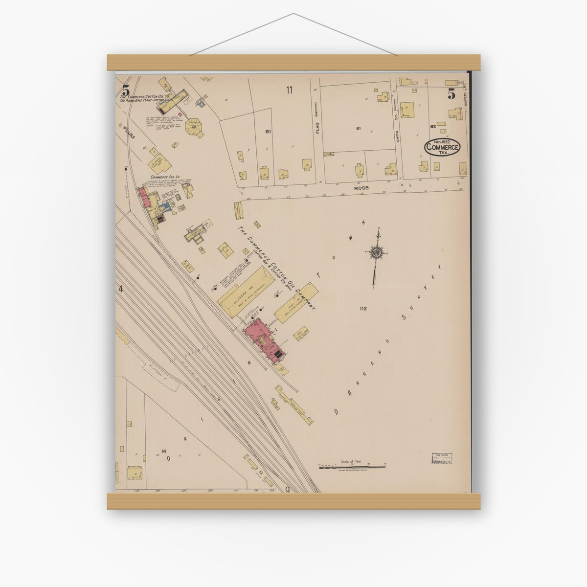 Old map wall art mockup — magnetic wood frame on white wall — Sanborn Fire Insurance Map from Commerce, Hunt County, Texas (1922), Sheet #0005