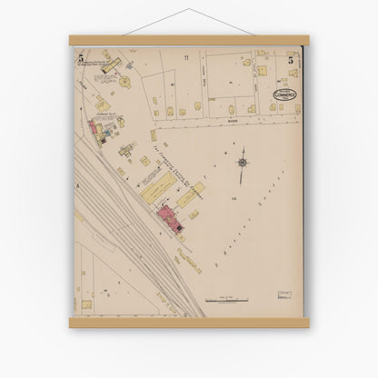 Old map wall art mockup — magnetic wood frame on white wall — Sanborn Fire Insurance Map from Commerce, Hunt County, Texas (1922), Sheet #0005